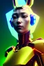 Placeholder: Medium Close Up Portrait, Front image. cyberpunk Asian woman, rabbit mask, pink short hair. latex suit. Red, black, gold, color. Ghost in the shell style. Gradient background. Avatar image, highly detailed, concept art, smooth, unreal engine 5, god rays, ray tracing, RTX, lumen lighting, ultra detail, volumetric lighting, 3d, finely drawn, high definition, high resolution.