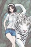 Placeholder: junji Ito ~ shintaro kago ~ apollonia saintclaire ~ saturno butto ~ anime woman posing. standing next to giant fierce white tiger. anime style alluring. cute, amazingly girly. Cute. anime girl. unrealistic feminine anatomy, very feminine pose. Gorgeous features . Hyper detailed. High definition. Anime style. HDR. 8k. This contrast between the fantastical character and the more bold color scheme and elements gives the piece an intriguing narrative quality. painted realism, photorealistic, fantasy