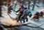 Placeholder: oil painting ,motion blur portrait of harpy - Forgotten Realms dodging cyberpunk armored dwarf with war half moon axe hammer with spikes, riding tiny furry blue and purple dragon above water and along winding branches in lush icy forest along speeding horses , bokeh like f/0.8, tilt-shift lens 8k, high detail, smooth render, down-light, unreal engine, prize winning
