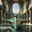 Placeholder: stunning hyper-realistic render of a sleek and elegant Naboo staryacht in pearlescent gasoline green with gold trim sitting in ancient jedi temple hangar, fully symmetric details