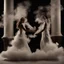 Placeholder: a dancing couple made of smoke, forming from a fireplace, thick smoke, puffy smoke