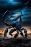 Placeholder: Black emperor Scorpio emblem on a burning landscape background With its Tail curled up behind his back ready to strike and from claws grasping under a storming sky with blue lightening striking around it