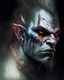 Placeholder: character, portrait, shoulder and head, orc, silver metallic skin, draconic, dragon details, scales, jewelry, bulk, watercolor style, paint style, dark background, volumetric light, bokeh, rage, furious, wrath, long bread hair, eye scar