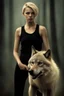 Placeholder: ultra realistic photograph of a very thin young woman with short blonde hair and blue eyes wearing a loose black teeshirt facing a large black wolf