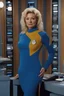 Placeholder: Star Trek - 20-year-old Molly Parton as Doctor McCoy, wearing a blue, thigh length, long-sleeved, slit mini-dress with an upside-down, V-shaped Starfleet communication badge on the left chest, Physician's rank on the collar and sleeve cuffs