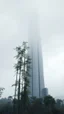 Placeholder: realistic photo of a tall bamboo trees in a landscape, a big building from the future with foggy clouds and gray sky