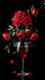 Placeholder: The image is a digital artwork that depicts a branch of tree of Red roses and leaves tangling down cr The background is black, which makes a branch of a tree of red roses stand out even more adding to the dreamy, ethereal quality of the image.all leaves and A big glass of red wine up in front the roses