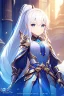 Placeholder: girl, masterpiece, best quality, cinematic lighting, detailed outfit, perfect eyes, white hair, blue eyes, long hair, ponytail, Detailed portrait of a young woman in an armored outfit, set in a fantasy world, dramatic lighting, digital art, with a cinematic feel,