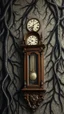 Placeholder: An old clock in the background of black vein, human veins, mixing together a lot of them, like a forest, big and small veins a lot of them, an antique grandfather wooden old clock on the wall
