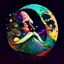 Placeholder: Super colorful complmentary deep vibrant colors By Alexander Jansson, Surreal image of a huge 3D crescent moon in the sky, the moon has an old man's face and beard.