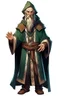 Placeholder: elf male middleaged wizard wearing medieval clothes with hands behind his back