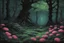 Placeholder: Night, trees, flowers, japanese manga style, horror gothic fantasy spring, rocks, friedrich eckenfelder paintings