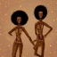 Placeholder: Biologically Female Twins, black skin, tall and slender, long afro kinky hair,big brown eyes, warrior wear. Gold accents on clothing. Surround by trees. Holding golden spears. Starry night