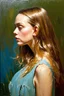 Placeholder: Lily-rose Depp, long hair, profile, ,tired,in the style of claude monet, oil painting