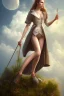 Placeholder: dressed woman on the ladder above clouds