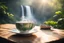 Placeholder: steaming tea in a beautiful china cup on a wooden table, rainforest and a waterfall in the distance in sunshine, ethereal, cinematic postprocessing, bokeh, dof