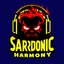 Placeholder: minimalist logo for rock band jaundiced yellow text "SARDONIC HARMONY" in a futuristic font, sinister evil marshmallow head with headphones and red flames silhouette, dark negative space, stylish, wow factor