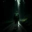 Placeholder: a lonely figure with a backpack, leaving a metropole, on a road, into a forest, photo quality, dark green light