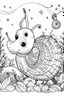 Placeholder: HAPPY NEW YEAR coloring page for kids, A cute snail carrying a lantern through a starlit forest, thick outline, low details, no shading, no color