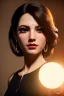 Placeholder: young business woman, brown hair, dark orange eyes, hoop earrings, red blouse, elegant, dark eyeshadow, black eyeliner, high arch angular eyebrows, head and shoulders portrait, 8k resolution, WLOP, Alphonse Mucha dynamic lighting, hyperdetailed, intricately detailed, retroanime