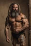 Placeholder: full figure shot, very realistic photography, ugly tired beefy stocky gipsy 45 years old , very oiled body, very detailed, dim light, view from below, short beard, emotive eyes, dreadlocks, tattoo, bullneck, mature barely burly bearded muscled and robust , bulge, seamlessly blending big masculine forms , editorial ambiance, cross-processing effects, big shoulders, ambient occlusion , bright shiny light, Iridescent scales and luminescent textures, impressive composition, volumetric light,