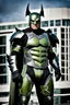 Placeholder: Catman in hulking futuristic armor, photograph