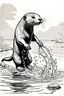 Placeholder: realistic line drawing for the coloring page with a giant otter (Pteronura brasiliensis) splashing in the water, with jumping fish and lush river banks in the background. white background, sketch style, pure line art, no shadows, clear and well outlined, only the outer line