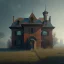 Placeholder: Abandoned house, brick walls, highly detailed, hill in the background, two windows on the front wall, with roof, concept art by Greg Rutkowski