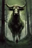 Placeholder: A bull or a horse with a wooden totem on its back, in the middle of the forest. Opposite is a tree with a green-skinned man on it., by Ryohei Hase, Agnes Cecile, Raymond Swanland, Anne Bachelier