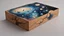 Placeholder: a box 10 cm long by 5 cm wide and 25 cm high, drawn on a box on all sides, space, tress, planets, butterfly nebula, crow, realistic