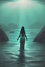 Placeholder: A sea monster emerging from the ocean with many lights. A lady wearing the traditional Maldives libaas, awaits near the shore helpless and scared. This should be a night scene.