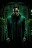 Placeholder: unzipped middle of the man face in the matrix space black neon blue and green, binary codes, numbers, metallic lines and shines, behind the face in the background is strange dark colors plants, ruins objects, metallic thin lines, shadows, splash art, melting, high detailed, cinematic, thriller mood, weird art style ,masterpiece, dark fantasy concept art, dynamic lighting, hyperdetailed, intricately detailed, Splash screen art, crepy stunning