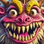 Placeholder: closeup of a maniacal monster's face, big teeth, tusks, fur, bumps and curled horns, my pet monster inspiration, urban character design