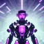 Placeholder: handsome, cute man, handsome man in futuristic suits, black and white highlight hair color, pink and purple background, pink lighting, deep purple backlighting, gun, smoke, robot suits