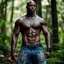 Placeholder: Alimi Ballard Very muscular man bald with tribal tattoos wearing jeans and a teeshirt, fantasy, forest backdrop