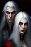 Placeholder: A couple, from the dnd game curse of Strahd. The woman is beautiful, has long white hair and blue eyes, the man has LONG BLACK hair and red eyes, no facial hair.