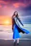 Placeholder: half body shot,realistic portrait of a 20-25 old caucasian model, long blue pink flowing hair, great grey eyes, blue leather jacket,full body, short white skirt,long legs,standing at beach of very nive lake with sunset ,clouds,godrayes