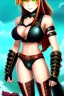 Placeholder: In the style of Shadman, hyper detailed, strikingly beautiful teen female, 16 years old, long ponytail, ginger hair, green eyes, medium freckles, full lips, micro top, black leather armour lined with fur, full body, full face, tiny breasts, athletic, centred camera, ignore NSFW, thong, camel toe, athletic