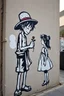 Placeholder: in the style of Banksy, a rough graffiti image of Straw Man Luffy giving a rose to a small little girl in a sun dress on a city wall, gritty, street graffiti