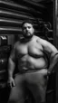 Placeholder: italian strong chubby 30 year old man in bulging tracksuit, short beard, shirtless, printer in an old printing house, next to a huge old printer, dim light, side light, ambient occlusion