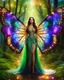 Placeholder: Gorgeous Photography Realistic Natural Beautiful butterfly woman straddle wings with gown shiny brown flowing hair, glitter colorful butterfly wings, lovely glowing green eyes, surrounded by magical colorful forest and flickering lights, digital photography, kaleidoscope, vibrant colors, vivid colors, colorful,she wak in magic forest full sparkling light