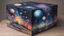 Placeholder: a box 10 cm long by 5 cm wide and 25 cm high, drawn on a box on all sides, space, tress, planets, crow galaxies a lot of colours, very realistic