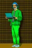 Placeholder: Modern guy, 20s, holding "laptop" in left hand, looks like a renaissance painting, walking forward, full body, "persian green", "right hand pointing down". "Front facing" "forward view"