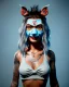 Placeholder: hybrid character, waitress sexy woman with monster muppet mask that covers her entire head, silver punk, short shirt, tray, yakuza tattoo, retro style, Sesame Street style, hot, smooth, unreal engine 5, god lights, ray tracing, RTX, lumen lighting, ultra detail, volumetric lighting, 3d.