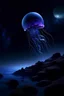 Placeholder: Blue beam from black mountain shoots straight at and cracks open the moon revealing a jellyfish in purple plasma