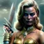 Placeholder: only margot robbie, fly hair, mist around, highly realistic, highly detailed, warrior armor, mist around, smoke