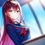 Placeholder: Clear focus, 8k, high quality, detailed, beautiful lighting, girl, vibrant colors, red long hair, vibrant blue eyes, school clothes,