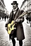 Placeholder: One single mature light labrador, historic clothes, playing guitar in the street , Vienna, friendly, model style, hyper realistic, extremely accurate, delicate, extremely detailed, Graphic novel style, wide-angle, open aperture, superfine pencil