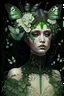 Placeholder: beautifulyoung woman adorned with butterflies and lily flowers with white, green crystals and little moss on them, headdress wearing butterfly embossed dark goth punk shamanism style floral embossed and ribbed dress organic bio spinal ribbed detail of art nouveau background extremely detailed hiperrealistic maximalist portrait art