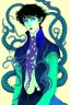 Placeholder: 16 year old boy warlock with milky blue eyes, and 1lamprey tentacle coming out of his belly in the style of Harry Clarke